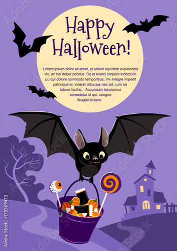 Vector illustration of a cute flying black bat carrying a bucket filled with candy, on purple background with a tree and haunted house in the distance and full moon. Blank template for Halloween theme