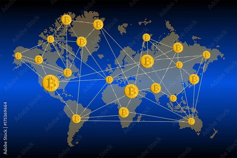 Golden Bitcoin on World map with dotted style and glowing points star ...