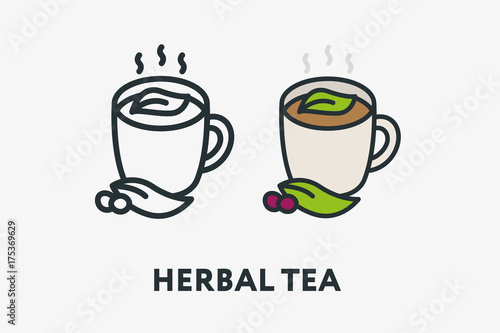 Hot Herbal Tea Mug Cup with Berries and Leaf Minimal Flat Line Outline Colorful and Stroke Icon Pictogram