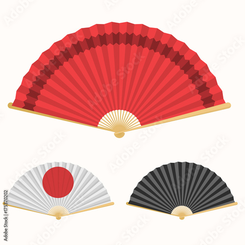 Japan folding fan. Japanese culture symbol. Hand paper fan set