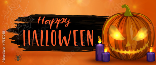 Carved Halloween pumpkins, horizontal banner. Colorful scary Halloween illustration. Vector