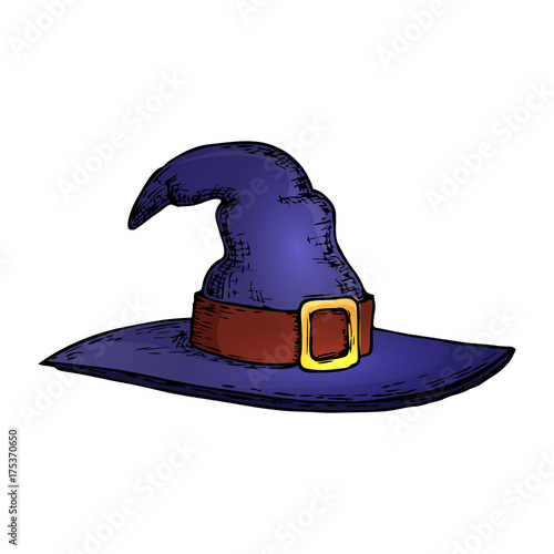 Witch hat, colorful scary Halloween sketch illustration. Vector