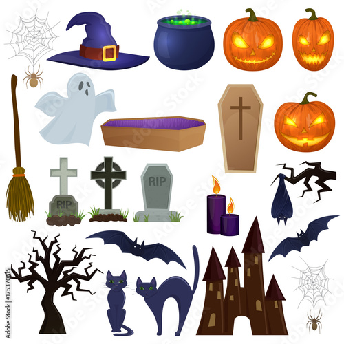 Set of Halloween icons for decoration. Colorful scary Halloween illustration. Vector