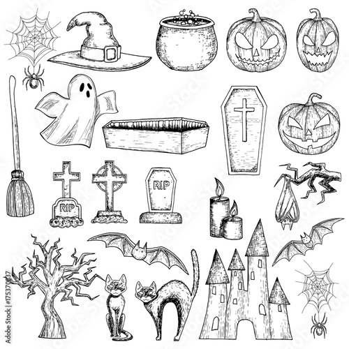 Set of Halloween icons for decoration. Scary Halloween sketch illustration. Vector