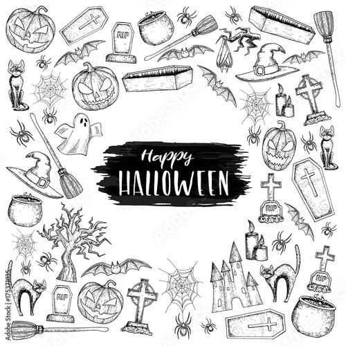 Set of Halloween icons for decoration. Scary Halloween sketch illustration. Vector