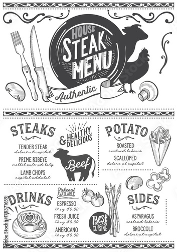 Steak menu restaurant, food template.