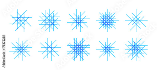 Vector set of asymmetric line snowflake icons on white background. Minimal flat design. Winter  Christmas decoration elements. 
