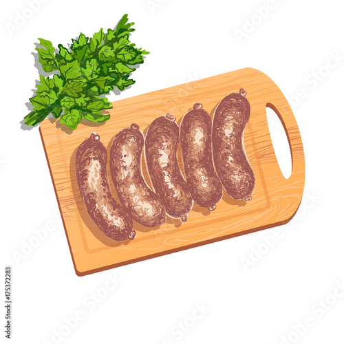 Colorful illustration of sausages on cutting board