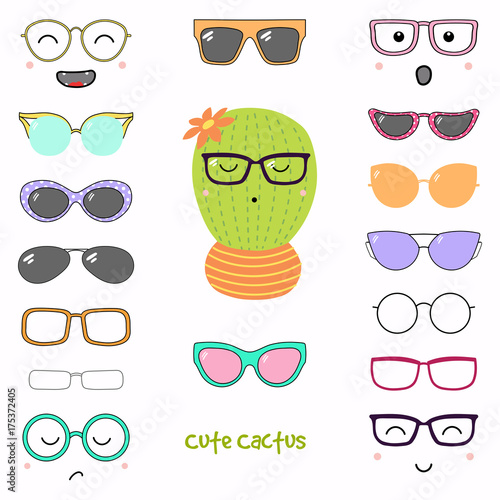 Hand drawn vector illustration of a cute funny cactus with a set of different faces, glasses and sunglasses