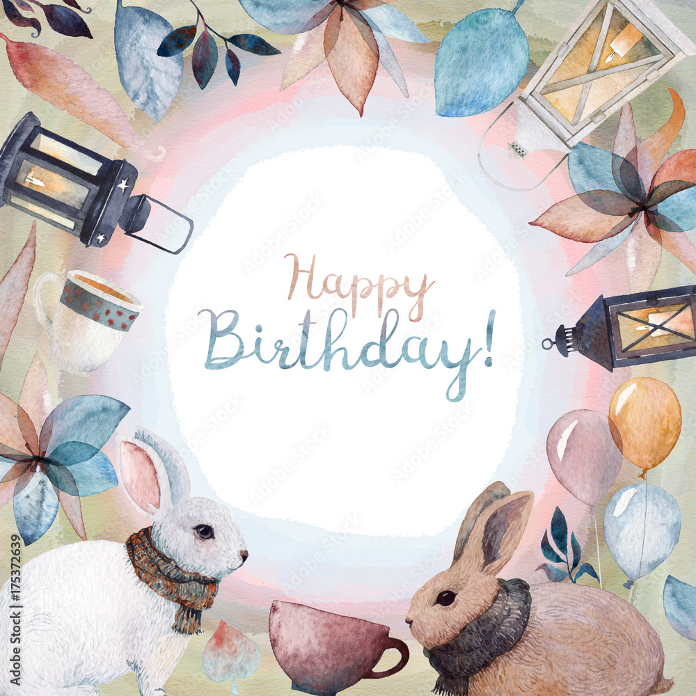 A Happy Birthday card frame with watercolor illustrations. Rabbits ...