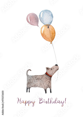 A cozy Happy Birthday card made in watercolor with illustration of a little dog holding a bunch of balloons. For a birthday of the dearest friend!
