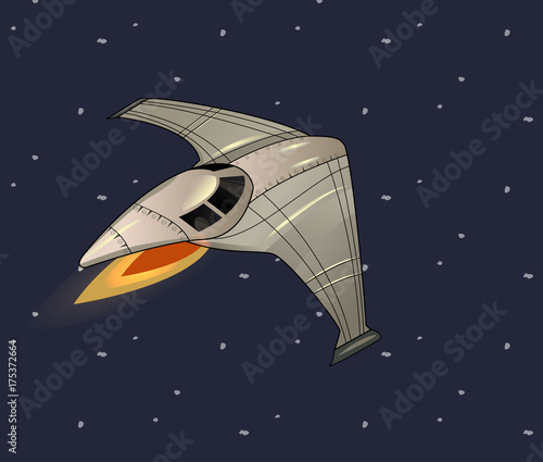 Cartoon illustration of flying spaceship in starry sky. Vector