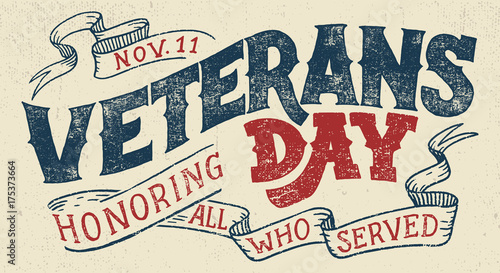 Veterans day, Honoring all who served. Hand lettering greeting card with textured handcrafted letters and background in retro style. Hand-drawn vintage typography illustration