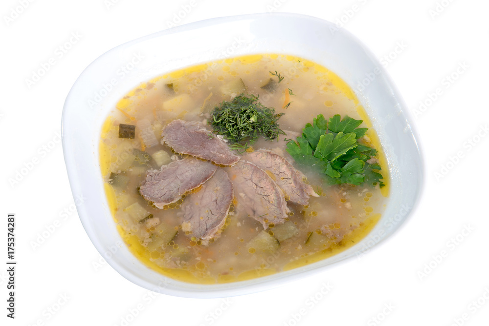 soup with fresh vegetables and meat isolated on white soup with fresh vegetables and meat isolated on white
