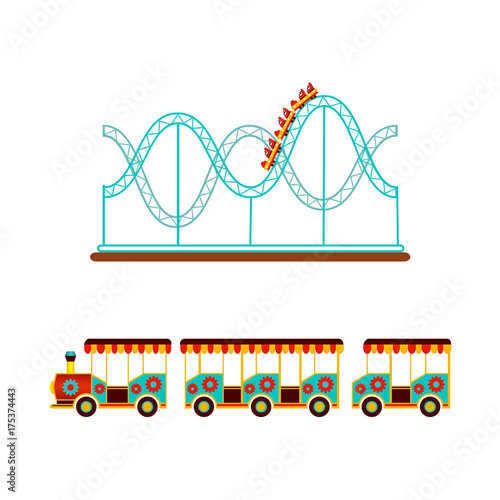 Roller coaster, rollercoaster and train ride in amusement park, flat icon, vector illustration isolated on white background. Flat icon, illustration of rollercoaster and train amusement park ride