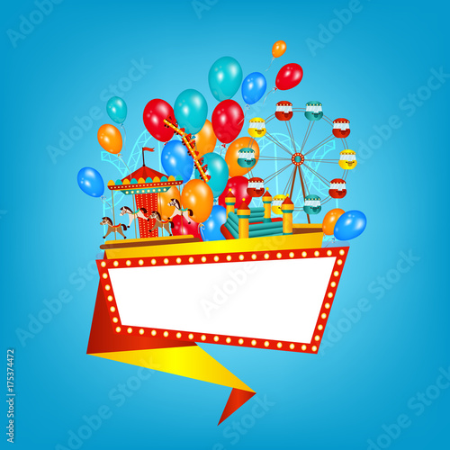 Flat style amusement park banner, poster template with balloons, Ferris wheel, carousel and space for text, vector illustration isolated on background. Flst amusement park banner, poster design