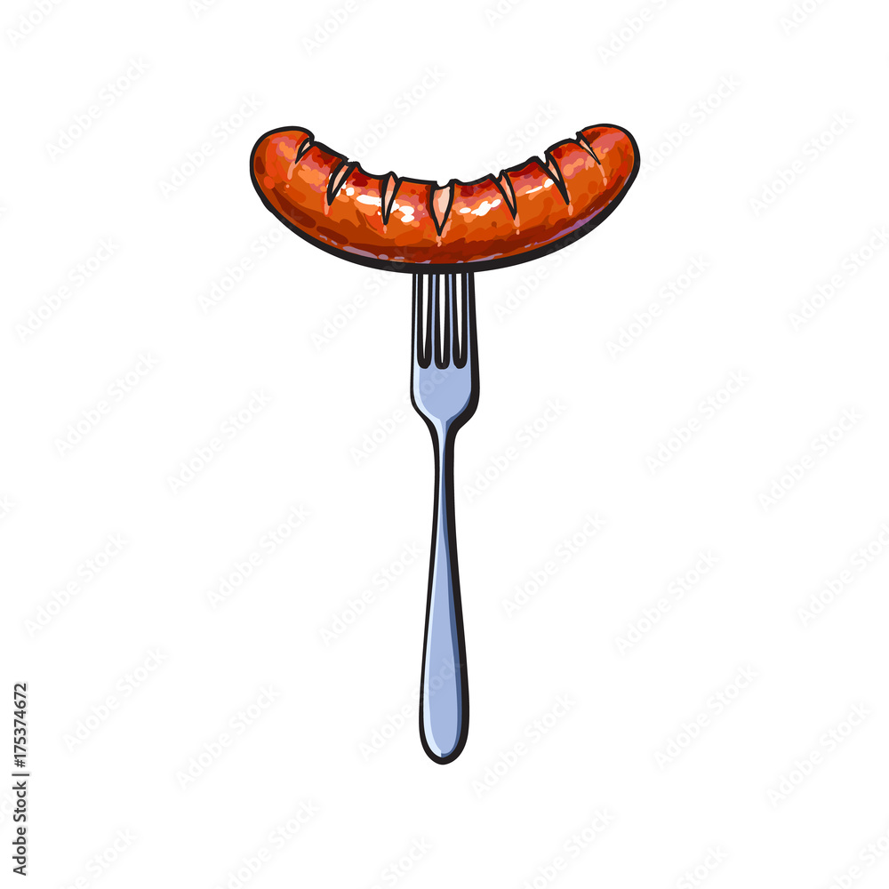 Freshly grilled, barbequed meat sausage on fork, sketch style vector illustration on white background. Realistic hand drawing of grilled, fried, German sausage, bratwurst on fork, BBQ, picnic food Freshly grilled, barbequed meat sausage on fork, sketch style vector illustration on white background. Realistic hand drawing of grilled, fried, German sausage, bratwurst on fork, BBQ, picnic food