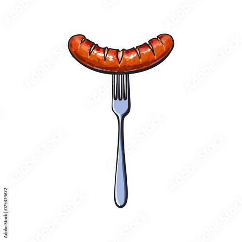 Freshly grilled, barbequed meat sausage on fork, sketch style vector illustration on white background. Realistic hand drawing of grilled, fried, German sausage, bratwurst on fork, BBQ, picnic food