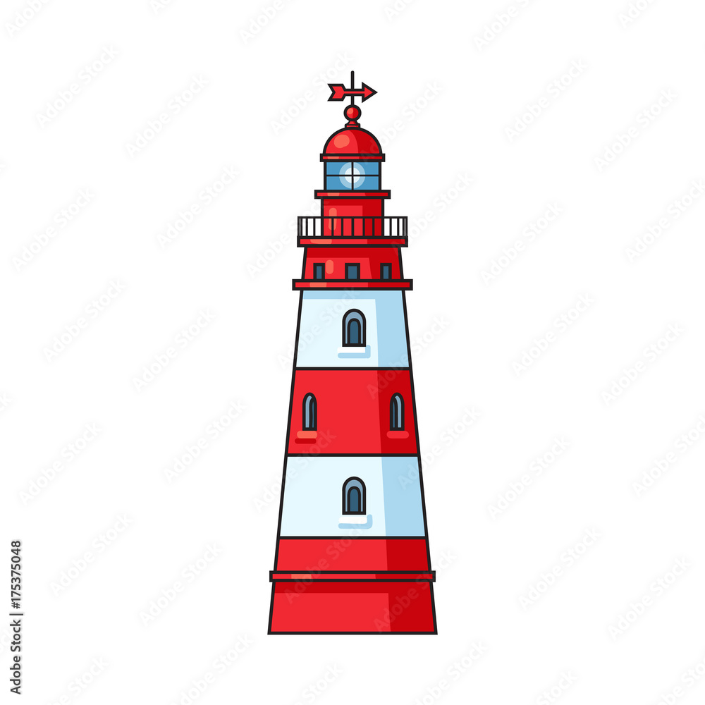Classic navigational lighthouse, nautical structure, cartoon vector illustration isolated on white background. Cartoon illustration of marine lighthouse, red and white