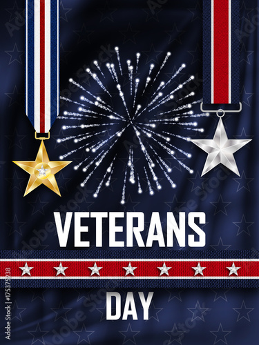 Veteran's Day. Congratulations on the veteran's day in the United states of America. Golden and Silver star on the ribbon. Wavy fabric with stars. Festive fireworks. Vector illustration.
