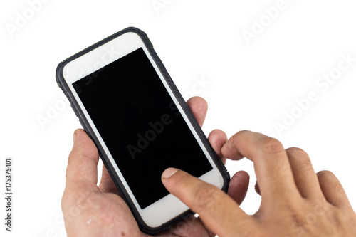 hand touching smartphone screen isolated with clipping path