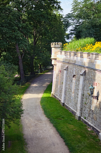 Footpath around Castle Hluboka nad Vltavou. Summer morning. Czech Republic