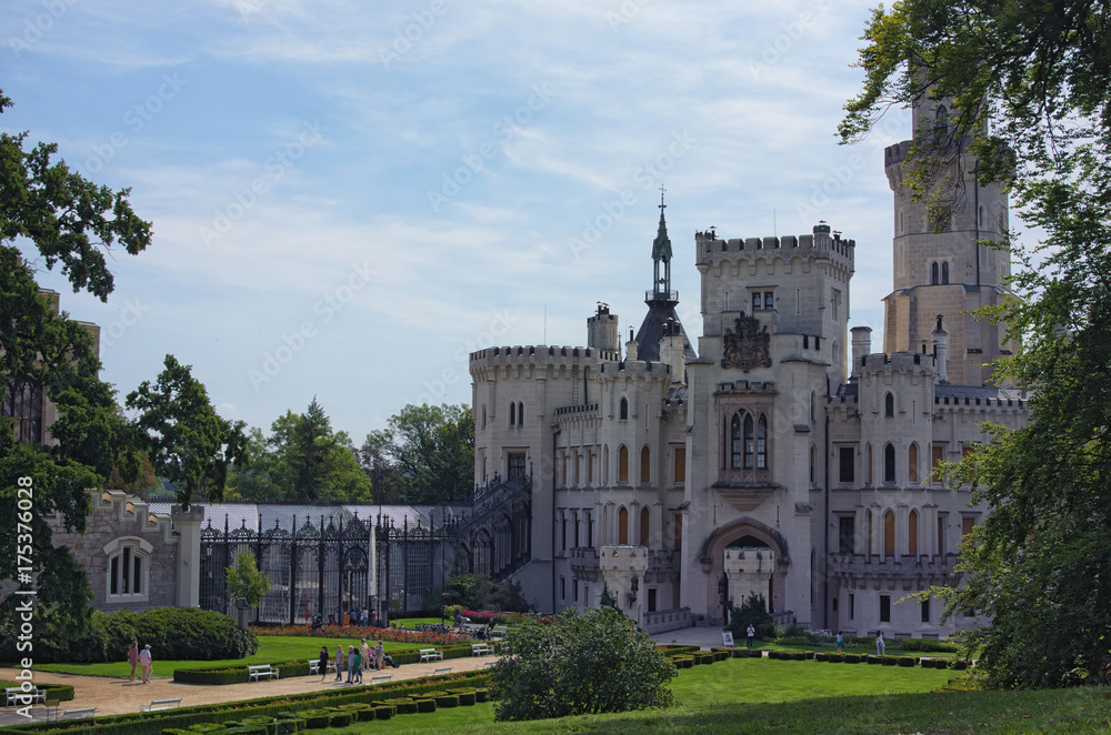 HLUBOKA NAD VLTAVOU, CZECH REPUBLIC - AUGUST 24, 2017: Beautiful white renaissance castle Hluboka nad Vltavou, South Bohemia. Summer morning