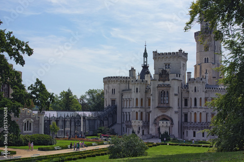 HLUBOKA NAD VLTAVOU, CZECH REPUBLIC - AUGUST 24, 2017: Beautiful white renaissance castle Hluboka nad Vltavou, South Bohemia. Summer morning