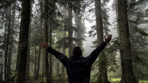 happy camper waking up in misty forest