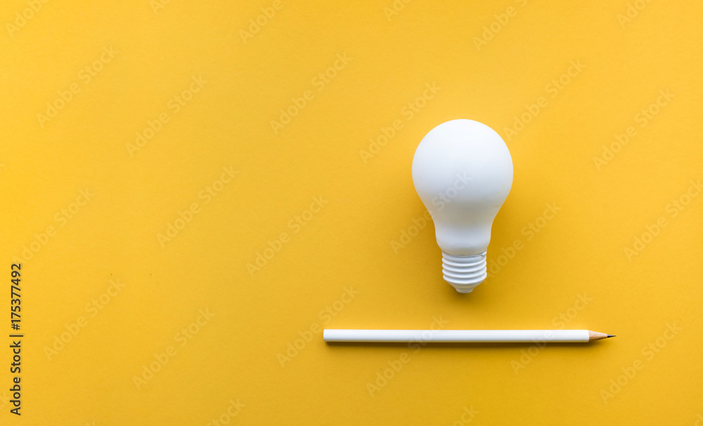 Creativity inspiration,ideas concept with lightbulb and pencil on pastel color background.Flat lay design. - obrazy, fototapety, plakaty 
