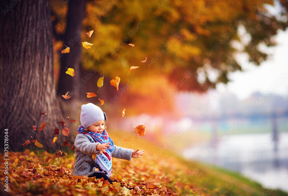 adorable happy baby girl catching the fallen leaves, playing in the autumn park