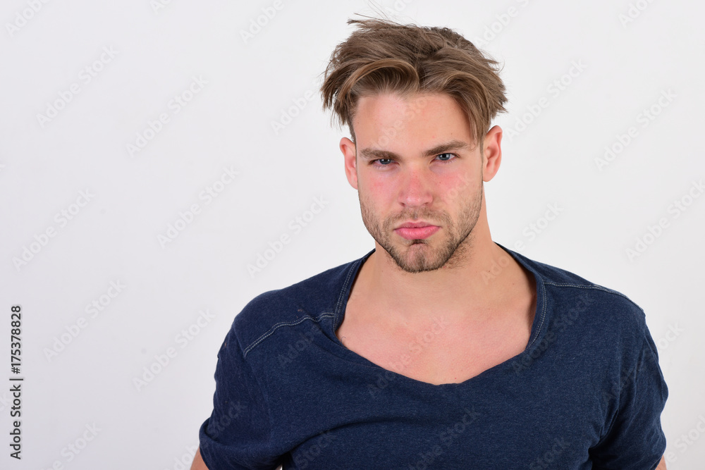 Obraz premium Macho with confident face and bristle. Masculinity and confidence