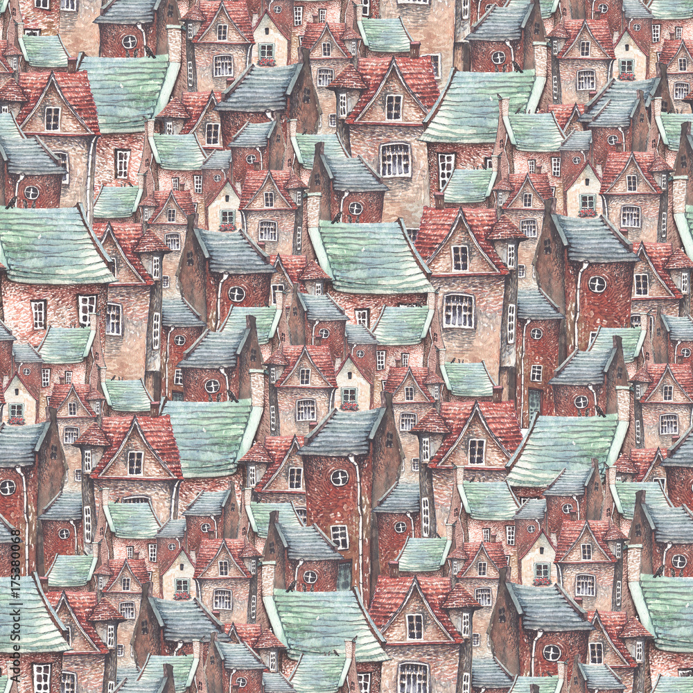 Obraz premium Seamless pattern of an old town with European brick houses and roofs. Romantic fairytale.