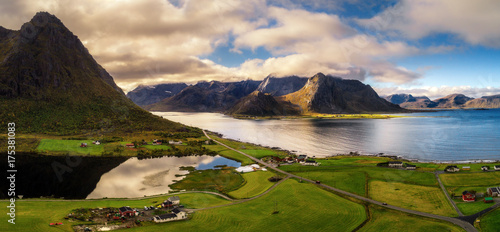 Scenic road along the coastline and mountains on Lofoten islands