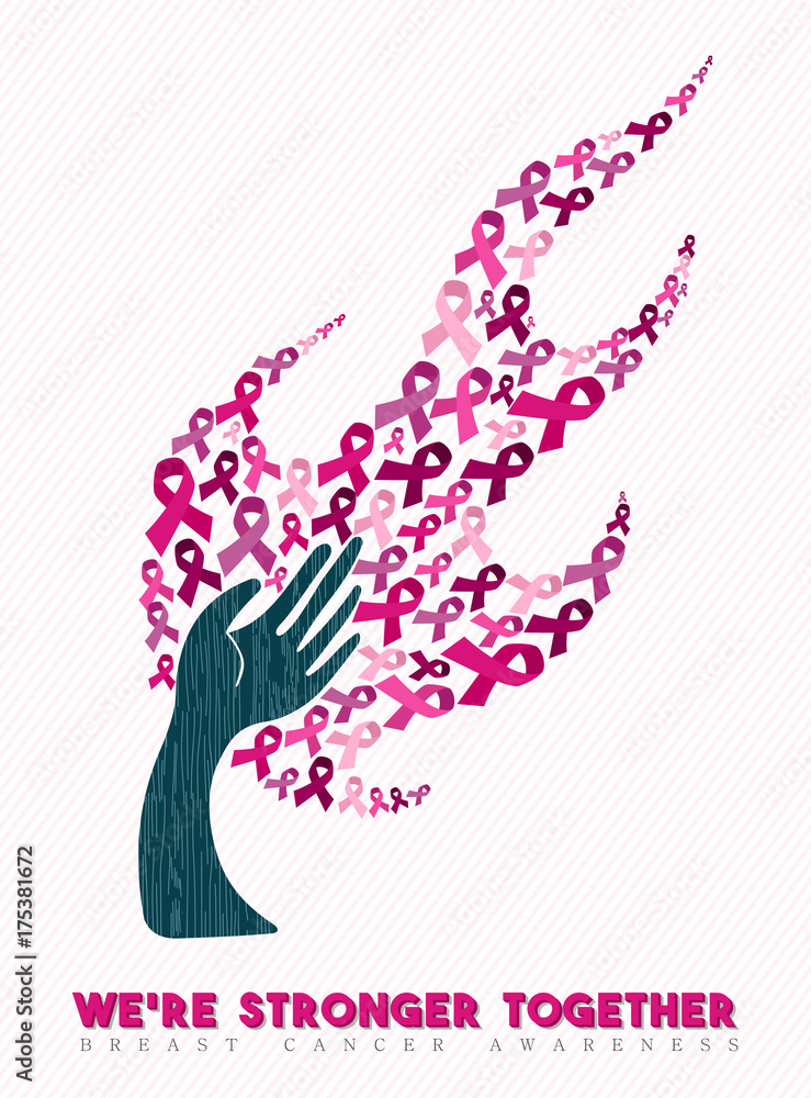 Breast cancer awareness pink ribbon hand tree art