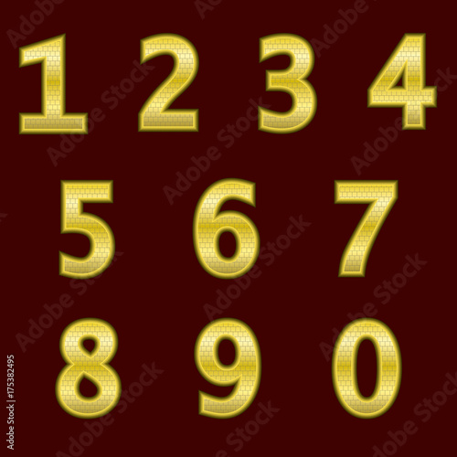 A complete set of gold 3D numbers with a grid relief. The edges of the numbers are not rounded. Font is isolated by a dark red background. Vector illustration.