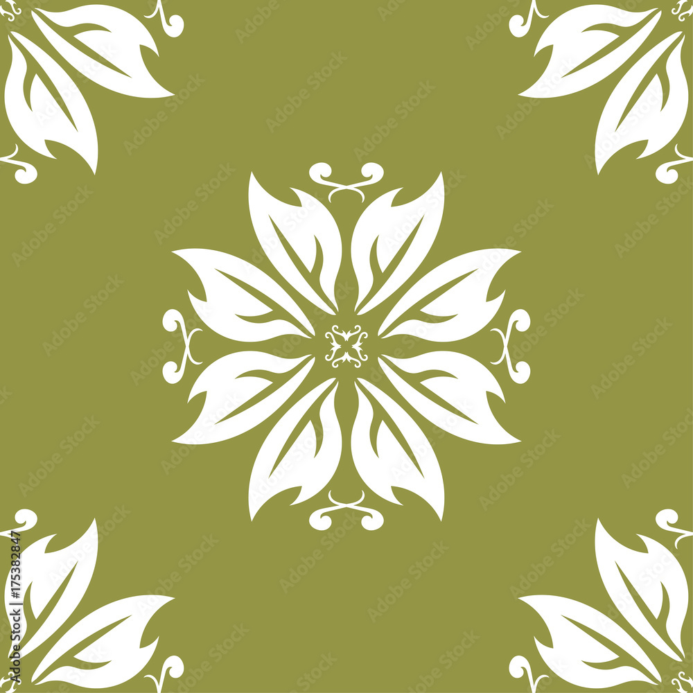 Fototapeta premium White floral seamless design on olive green background