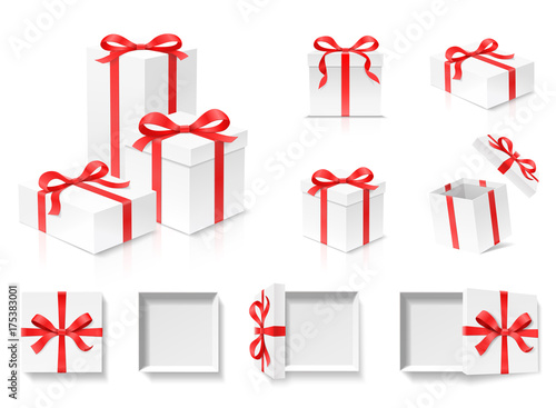Empty open gift box set with red color bow knot and ribbon isolated on white background. Happy birthday, Christmas, New Year, Wedding or Valentine Day package concept. Closeup Vector 3d illustration