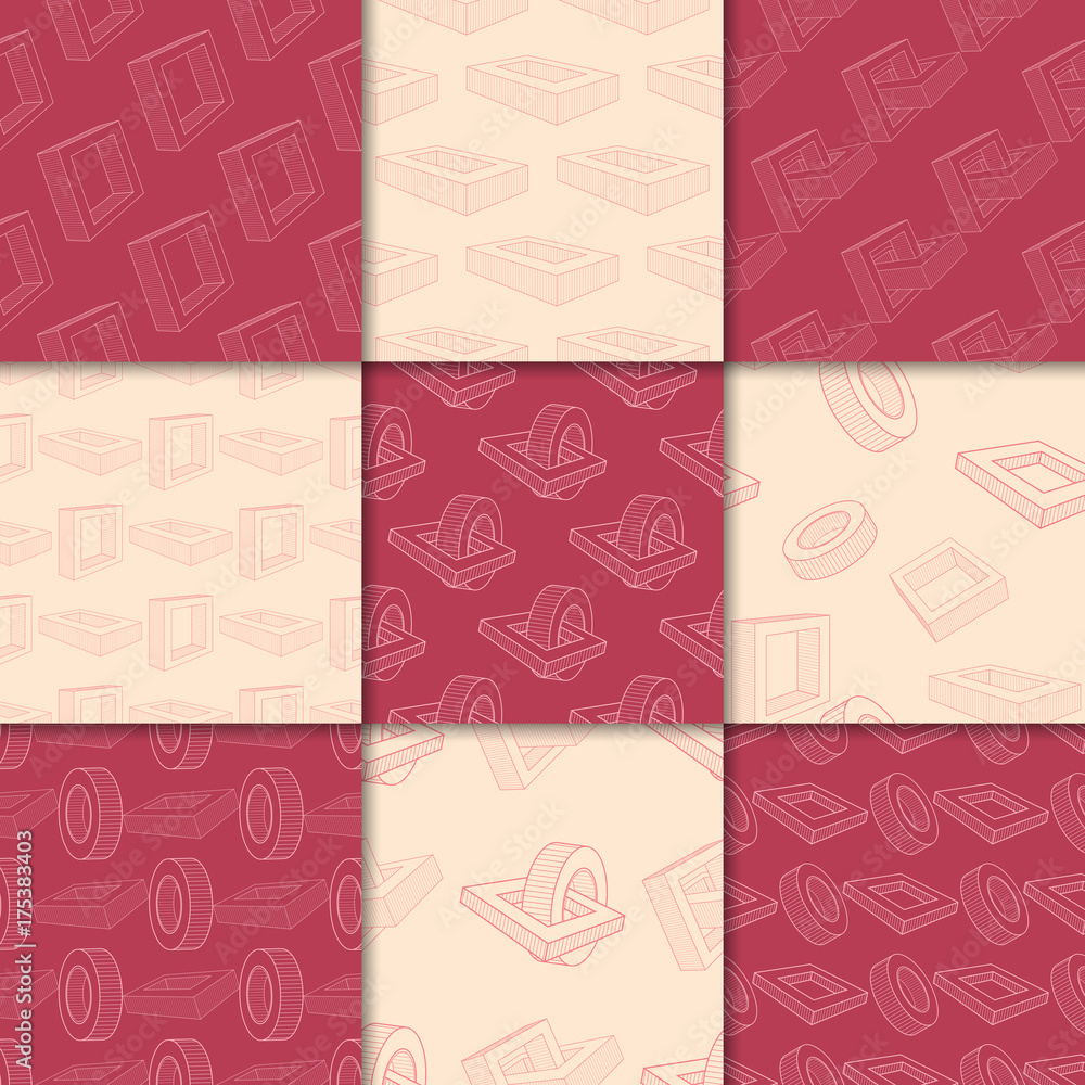 Cherry red and beige geometric ornaments. Collection of seamless patterns