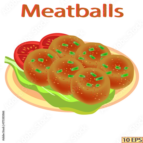 Fried cutlet. Meatballs and bread. The roasted steak on the plate isolated on white background. Meat rissoles, spices and green vegetables. Vector illustration for a recipe, restaurant menu, kitchen i