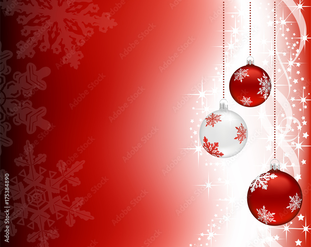 Three Christmas baubles hanging, on a shiny red background Three Christmas baubles hanging, on a shiny red background