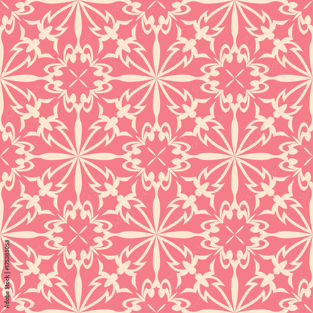 Red flowers on beige background. Ornamental seamless pattern