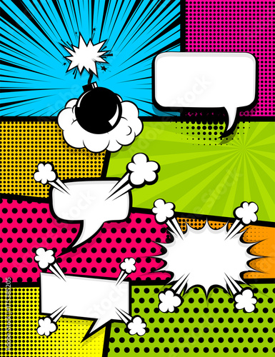 Vertical pop art comics book magazine cover template. Cartoon funny vintage strip comic superhero text, speech bubble, balloon, box message, burst bomb. Vector halftone illustration. Blank graphic.
