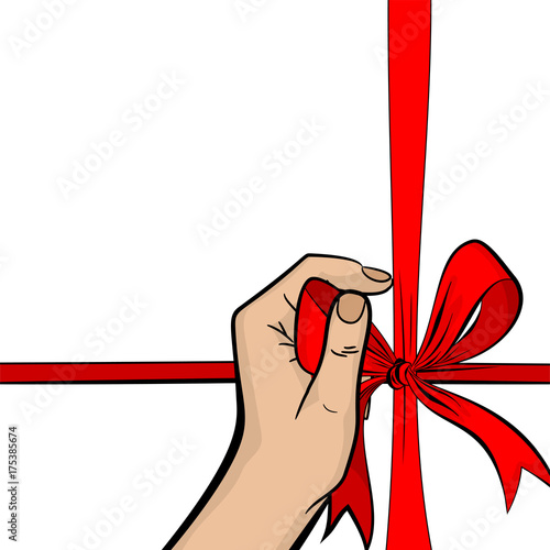 Pop art man hand hold red ribbon gift box holiday birthday, christmas. Comic book vector halftone sketch illustration. Vintage retro wow party cartoon poster. Happy fashion gesture.