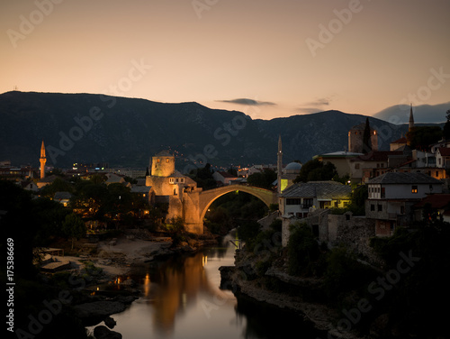 Sunset scene of the old city and the restored Old Bridge (Stari Most), in Mostar, Bosnia and Herzegovina