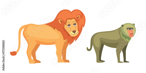 Baboon monkey and lion savanna animals in cartoon style