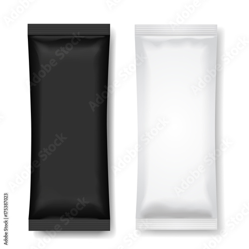 Black and white blank foil packaging for food, snack, sugar
