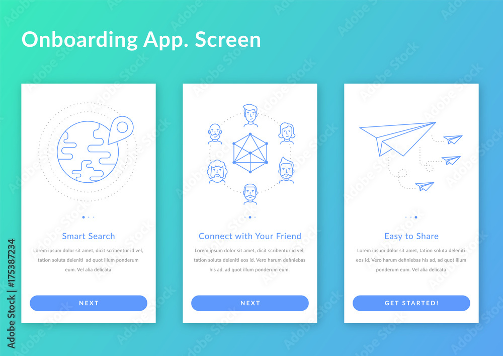 Onboarding screen walkthrough app register splashscreen vector illustration