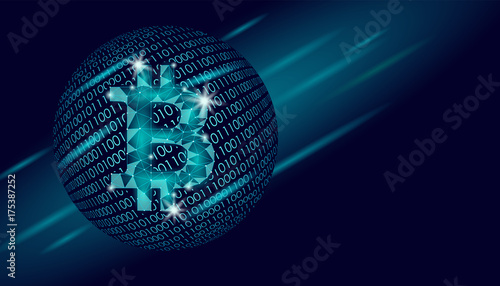 Bitcoin crypto currency sign on globe. International e-finance e-commerce concept. Binary number code planet Earth abstract banner. Blue dark space color business vector illustration
