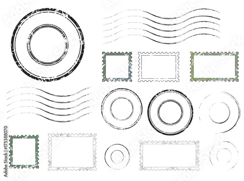 Set of postal stamps and postmarks, isolated on white background, vector illustration.